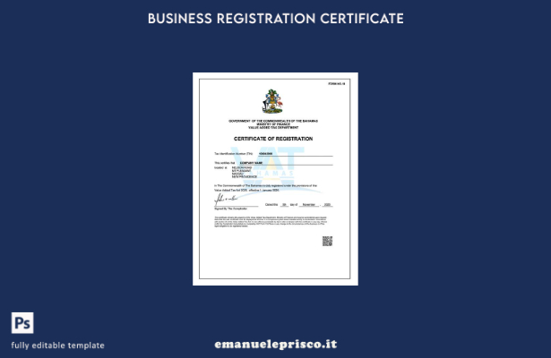 stile verificato Il certificato di registrazione delle Bahamas Modello Word e PD
